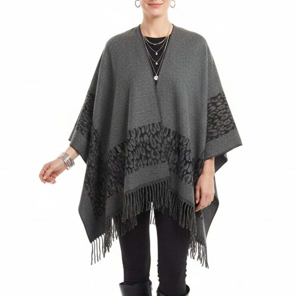 Free People Gray Animal Print Fringe Edge Cape Wrap OS